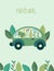 Eco friendly vehicle and green leaves. Earth Day and planet preservation. Concept environmental safeguard power. Green