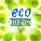 Eco friendly words hand written, fresh green leaves blurred background, vector realistic illustration.