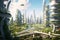 Eco-Futuristic Cityscape, Green Garden in Modern City, Digital Art 3D Illustration