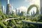 Eco-Futuristic Cityscape, Green Garden in Modern City, Digital Art 3D Illustration