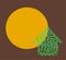 Eco green house icon made of tree branches with leaves and blue flowers isolated on brown background. Copy space. Sunny orange