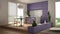 Eco green interior design, white and violet living room with sofa, kitchen, dining table, succulent potted plants, parquet floor,