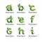 Eco green letter pack logo design template. Green alphabet vector designs with green and fresh leaf illustration
