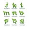 Eco green letter pack logo design template. Green alphabet vector designs with green and fresh leaf illustration