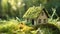 Eco house. Green and environmentally friendly housing concept. Miniature wooden house in spring grass, moss and ferns on a sunny