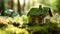 Eco house. Green and environmentally friendly housing concept. Miniature wooden house in spring grass, moss and ferns on a sunny