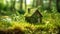 Eco house. Green and environmentally friendly housing concept. Miniature wooden house in spring grass, moss and ferns on a sunny