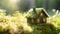Eco house. Green and environmentally friendly housing concept. Miniature wooden house in spring grass, moss and ferns on a sunny