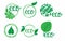 Eco labels. Oganic green circle frames with leaves and branches, bio products stamps, ecology friendly emblem set, quality product