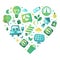Eco life objects in heart shape. Ecology and renewable energy banner, poster, card design flat vector