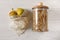 eco natural bags with fruits and granola in glass, flat lay. plastic free items. reuse, reduce, recycle, refuse. bulk store.