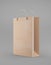 Eco packaging mockup bag kraft paper with handle half side. Standard medium brown template on gray background promotional