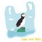 Eco poster. Cute puffin inside the plastic bag