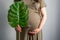 Eco pregnancy banner copyspace. Pregnant woman with big belly advanced pregnancy holding green tropical palm monstera