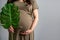 Eco pregnancy banner copyspace. Pregnant woman with big belly advanced pregnancy holding green tropical palm monstera