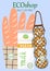 Eco shop advertisement poster with vegan products, milk, orange, baguettes and really low prices