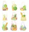 Eco Shopping with Net and Reusable Textile Bag Full of Grocery Products Vector Set