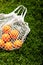 Eco String Bag with Oranges On Grass.