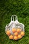 Eco String Bag with Oranges On Grass.