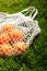 Eco String Bag with Oranges On Grass.