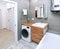Eco-style bathroom, wooden furniture with combined ceramics, Scandinavian design, interior