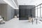 Eco style interior zoning concept with black partition between workplaces in modern open space office with big window