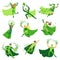 ECO superhero characters in action set, young men and women in green capes vector Illustrations