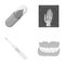 Eco tablet, electronic thermometer, hand x-ray, denture. Medicine set collection icons in monochrome style vector symbol
