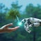 Eco tech alliance Tree in human hand and robotic hands symbolizes unity