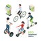 ECO transport people. 3D bicycle electric car urban vehicle bike segway vector isometric illustrations