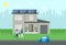 Ecohouse, a clean, smart city and a happy family. A man, woman and child are standing near their house with solar panels. There is