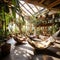 Ecolodge or eco-lodge house interior with green plants