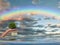 Ecologic background with recycle symbol, Planet earth and rainbow in sea reflection