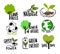 Ecologic labels. Eco safe emblems, green logo lettering. Sticker or ecological sign concept.