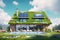 Ecologic modern house concept with garden flowers and solar panels on the roof. Rooftop with solar cells, green grass front