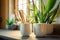 Ecological bamboo toothbrushes in bathroom. Eco friendly wooden toothbrushes in a cup on blurred window background. Generative AI