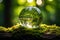 Ecological brilliance Earth sphere crystal on green moss nature background