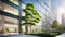 Ecological building in a modern city, 3D-rendering, a stable glass office building to reduce carbon dioxide, an office building