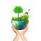 Ecological concept of the environment with the cultivation of trees on the ground in the hands. Planet Earth. Physical