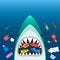 Ecological disaster of plastic garbage in the ocean. A scary shark in with open mouth eats plastic trash amid polluted sea. flat