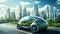 Ecological electric car on the background of the city of the future. Eco car.