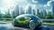 Ecological electric car on the background of the city of the future. Eco car