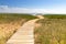 Ecological hiking trail in the national park through sand dunes, beach, sedge thickets and plants, wooden path through protected