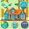 Ecological house in the forest. Clean Environment symbols. Summer landscape. House on the nature. Vector illustration