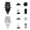 An ecological lamp, the sun, a garbage dump, a sprout from the earth.Bio and ecology set collection icons in black