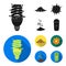 An ecological lamp, the sun, a garbage dump, a sprout from the earth.Bio and ecology set collection icons in black, flat