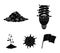 An ecological lamp, the sun, a garbage dump, a sprout from the earth.Bio and ecology set collection icons in black style