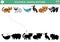 Ecological shadow matching activity with endangered species. Earth day puzzle. Find correct silhouette printable worksheet or game