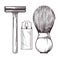 Ecological shaving kit. Zero waste. Metal razor and wooden brush. Vector