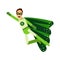 Ecological superhero man in green costume flying through the air in superhero pose with outstretched hand, eco concept Illu